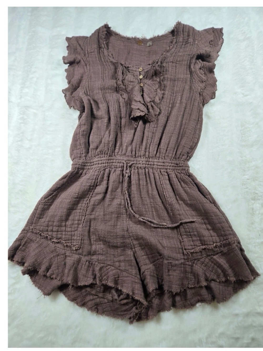 Free People Ruffled Gauze Short Romper in Dusty Mauve/ Brown